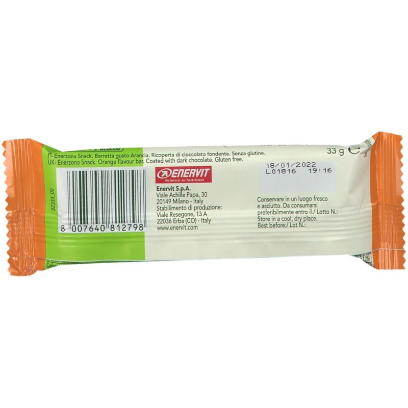 Dettaglio del packaging di Enervit Enerzona Snack Orange Barretta Energetica 33g Dettaglio del packaging di Enervit Enerzona Snack Orange Barretta Energetica 33g