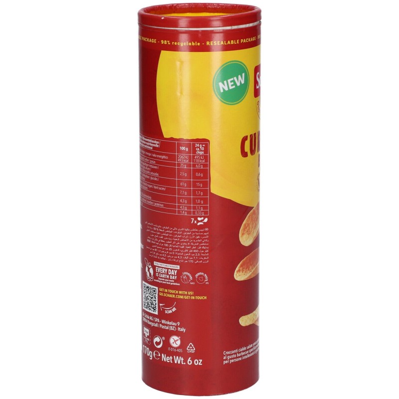 Scatola originale del prodotto Schar Curvies BBQ Patatine Senza Glutine Gusto Barbecue 170gr