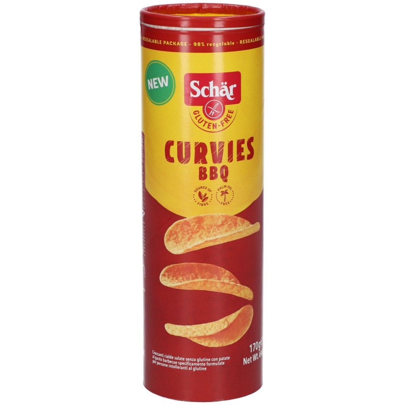 Foto ravvicinata di Schar Curvies BBQ Patatine Senza Glutine Gusto Barbecue 170gr