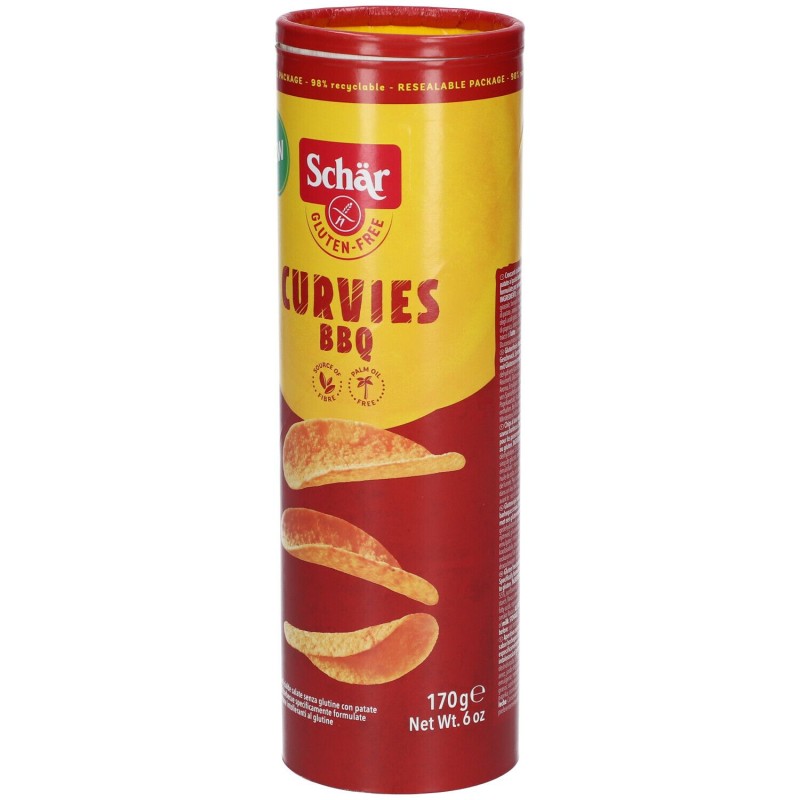 Confezione commerciale diSchar Curvies BBQ Patatine Senza Glutine Gusto Barbecue 170gr