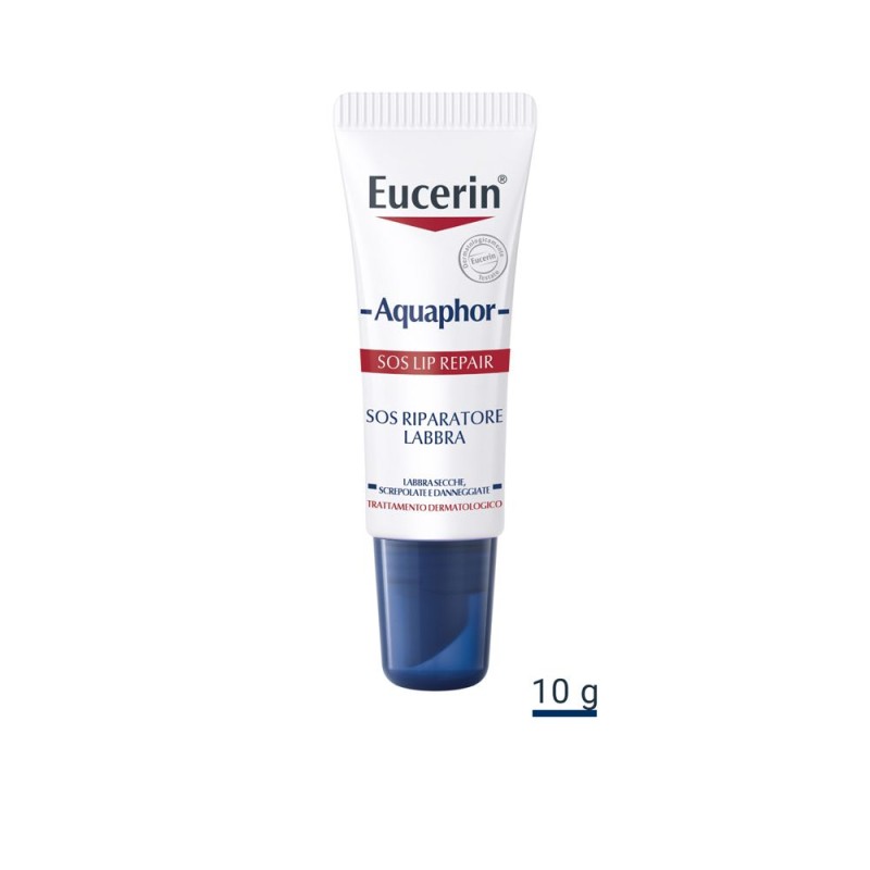 Foto illustrativa del packaging di Eucerin Aquaphor SOS Balsamo Riparatore Labbra 10ml Foto illustrativa del packaging di Eucerin Aquaphor SOS Balsamo Riparatore Labbra 10ml