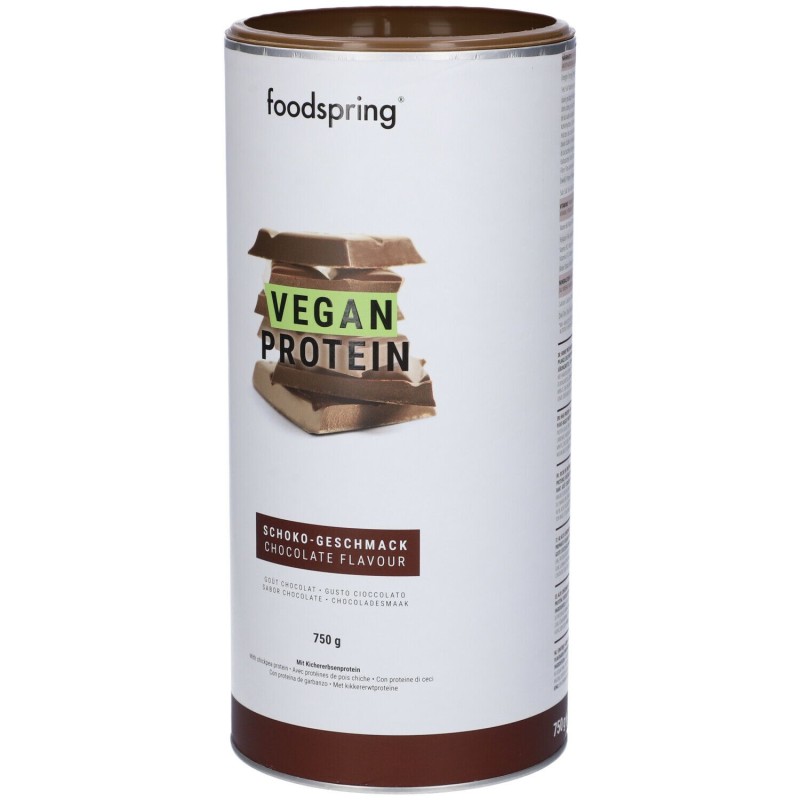 Confezione commerciale diFoodspring Vegan Protein Cioccolato per Massa Muscolare 750g Confezione commerciale diFoodspring Vegan Protein Cioccolato per Massa Muscolare 750g