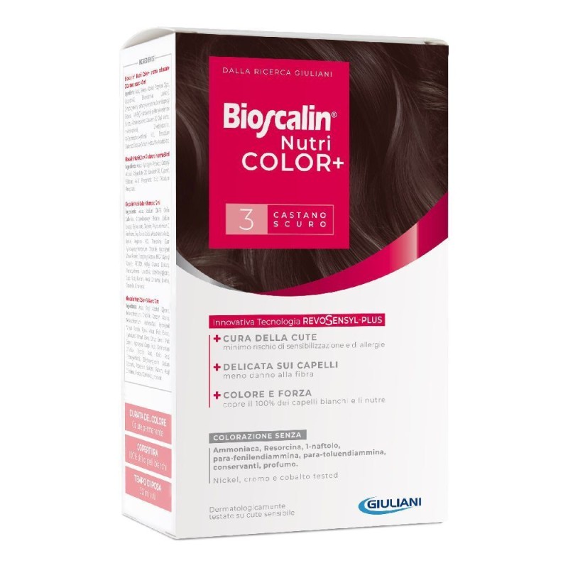 Primo piano di Bioscalin Nutricolor+ Tinta per Capelli Delicata 3 Castano Scuro