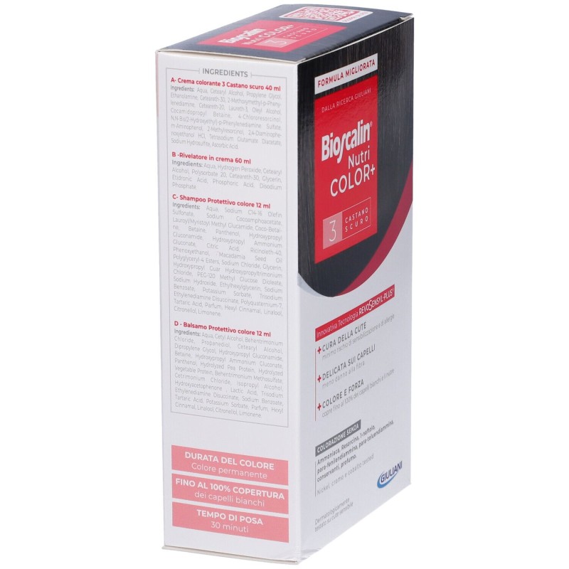 Presentazione grafica di Bioscalin Nutricolor+ Tinta per Capelli Delicata 3 Castano Scuro