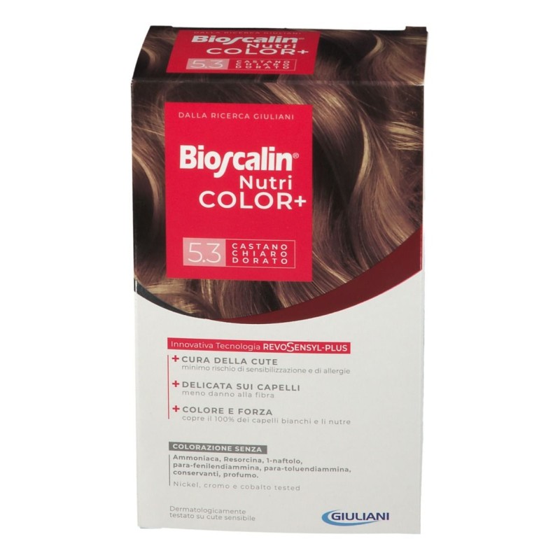Dettaglio del packaging di Bioscalin Nutricolor+ Tinta per Capelli Delicata 5.3 Castano Chiaro Dorato Dettaglio del packaging di Bioscalin Nutricolor+ Tinta per Capelli Delicata 5.3 Castano Chiaro Dorato