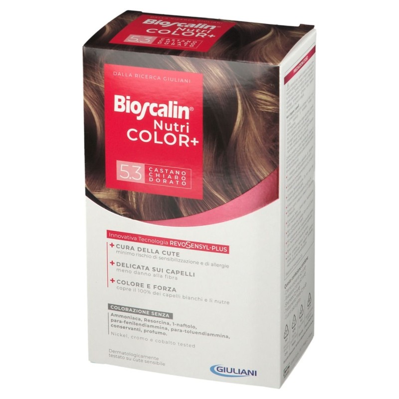 Primo piano di Bioscalin Nutricolor+ Tinta per Capelli Delicata 5.3 Castano Chiaro Dorato Primo piano di Bioscalin Nutricolor+ Tinta per Capelli Delicata 5.3 Castano Chiaro Dorato