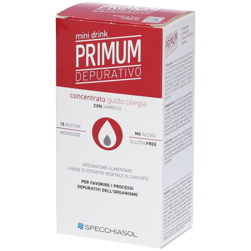 Primo piano di Specchiasol Primum Depurativo Mini Drink 15 Bustine Liquide Gusto Ciliegia Primo piano di Specchiasol Primum Depurativo Mini Drink 15 Bustine Liquide Gusto Ciliegia