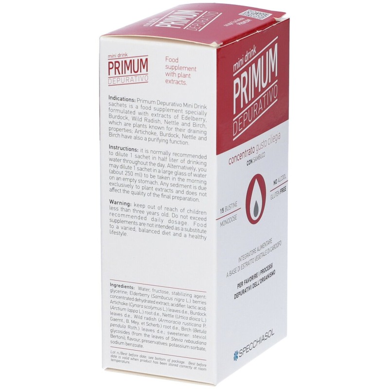 Vista del prodotto Specchiasol Primum Depurativo Mini Drink 15 Bustine Liquide Gusto Ciliegia Vista del prodotto Specchiasol Primum Depurativo Mini Drink 15 Bustine Liquide Gusto Ciliegia