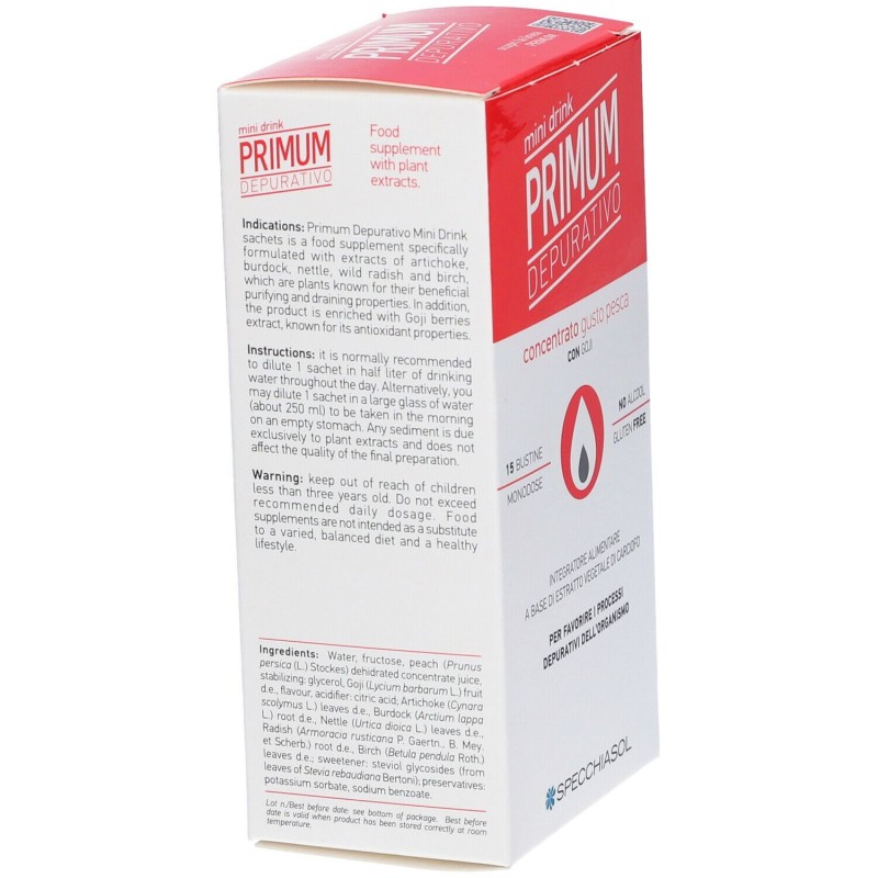 Foto esplicativa di Specchiasol Primum Depurativo Mini Drink Gusto Pesca 15 Bustine