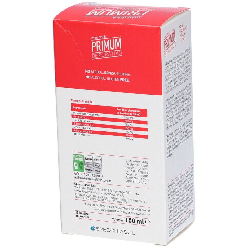 Packaging del prodotto Specchiasol Primum Depurativo Mini Drink Gusto Pesca 15 Bustine