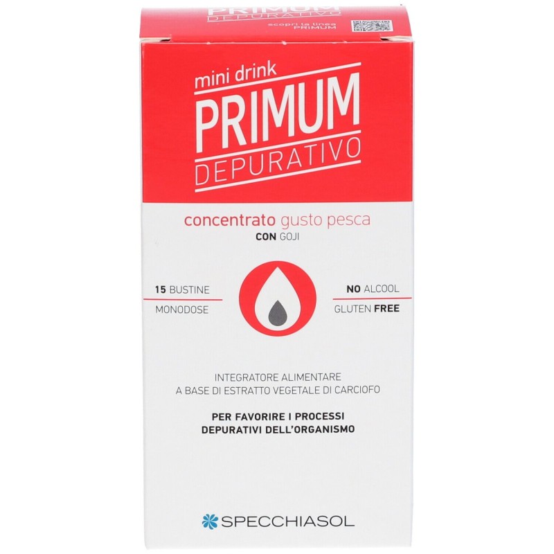 Scatola originale del prodotto Specchiasol Primum Depurativo Mini Drink Gusto Pesca 15 Bustine
