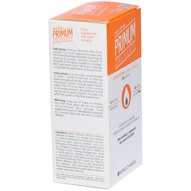 Confezione commerciale diSpecchiasol Primum Drenante Mini Drink Integratore Drenante 15 Bustine Gusto Arancia Confezione commerciale diSpecchiasol Primum Drenante Mini Drink Integratore Drenante 15 Bustine Gusto Arancia