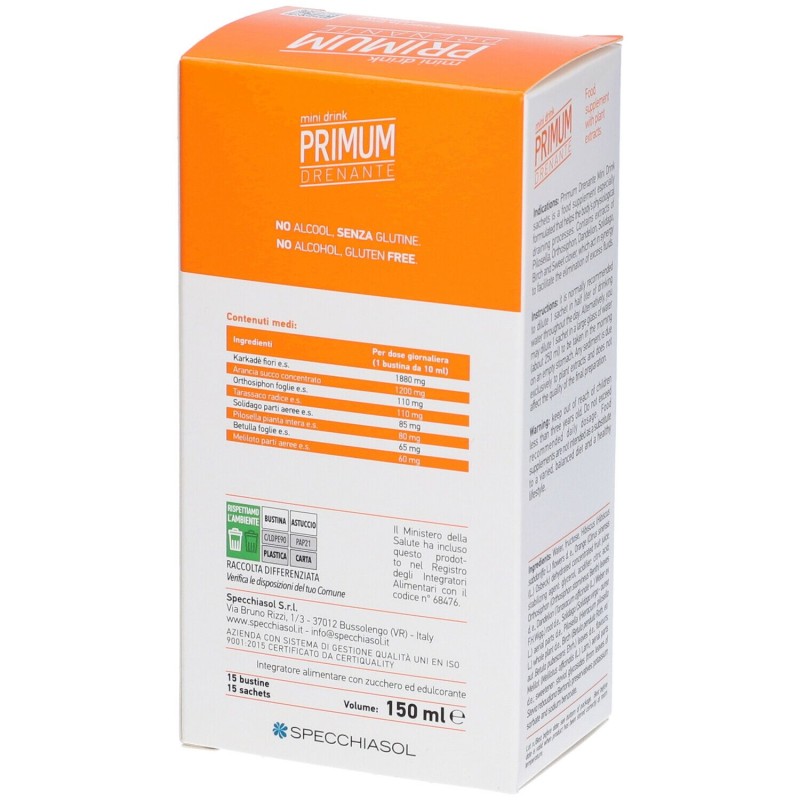 Foto illustrativa del packaging di Specchiasol Primum Drenante Mini Drink Integratore Drenante 15 Bustine Gusto Arancia Foto illustrativa del packaging di Specchiasol Primum Drenante Mini Drink Integratore Drenante 15 Bustine Gusto Arancia