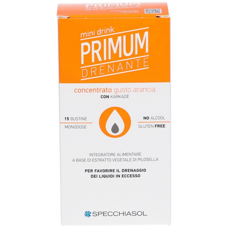 Dettaglio del packaging di Specchiasol Primum Drenante Mini Drink Integratore Drenante 15 Bustine Gusto Arancia Dettaglio del packaging di Specchiasol Primum Drenante Mini Drink Integratore Drenante 15 Bustine Gusto Arancia