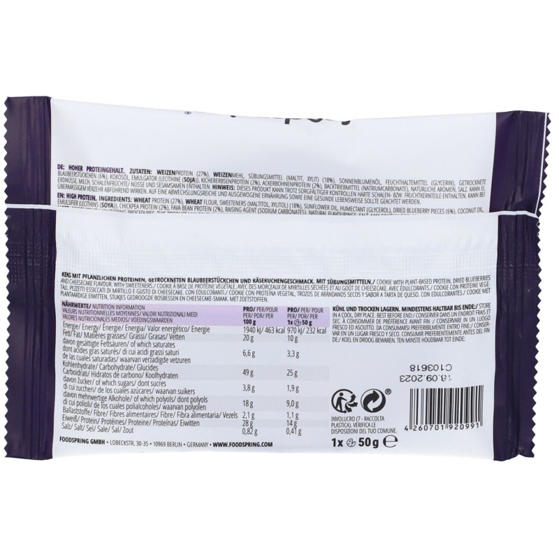 Aspetto del prodotto Foodspring Vegan Protein Cookie Cheesecake ai Mirtilli Snack Proteico 50g Aspetto del prodotto Foodspring Vegan Protein Cookie Cheesecake ai Mirtilli Snack Proteico 50g