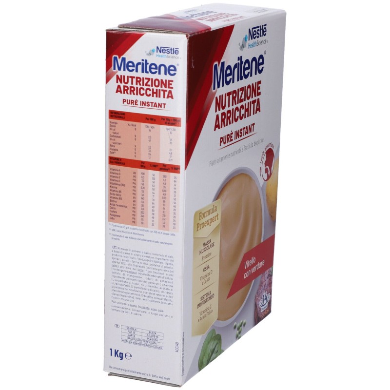 Dettaglio del packaging di Meritene Purè Instant Vitello con Verdure per Difficoltà di Masticazione 1 kg