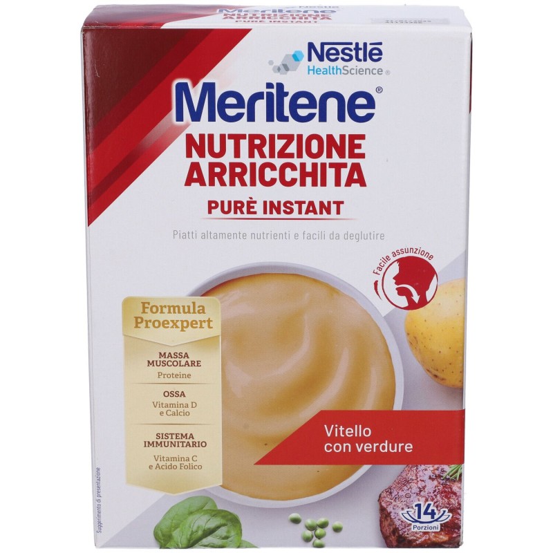 Presentazione grafica di Meritene Purè Instant Vitello con Verdure per Difficoltà di Masticazione 1 kg