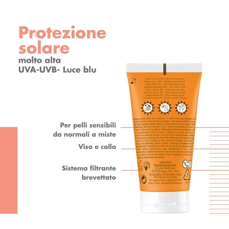 Foto illustrativa del packaging di Avene Fluido Colorato Pelle da Normale a Mista SPF 50+ 50ml