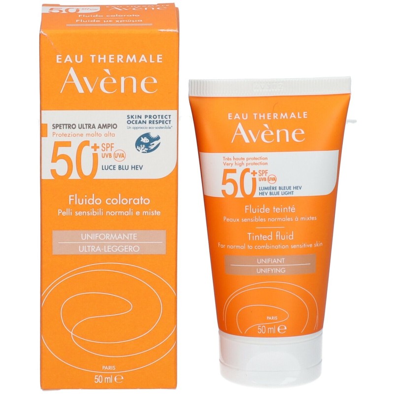 Presentazione grafica di Avene Fluido Colorato Pelle da Normale a Mista SPF 50+ 50ml