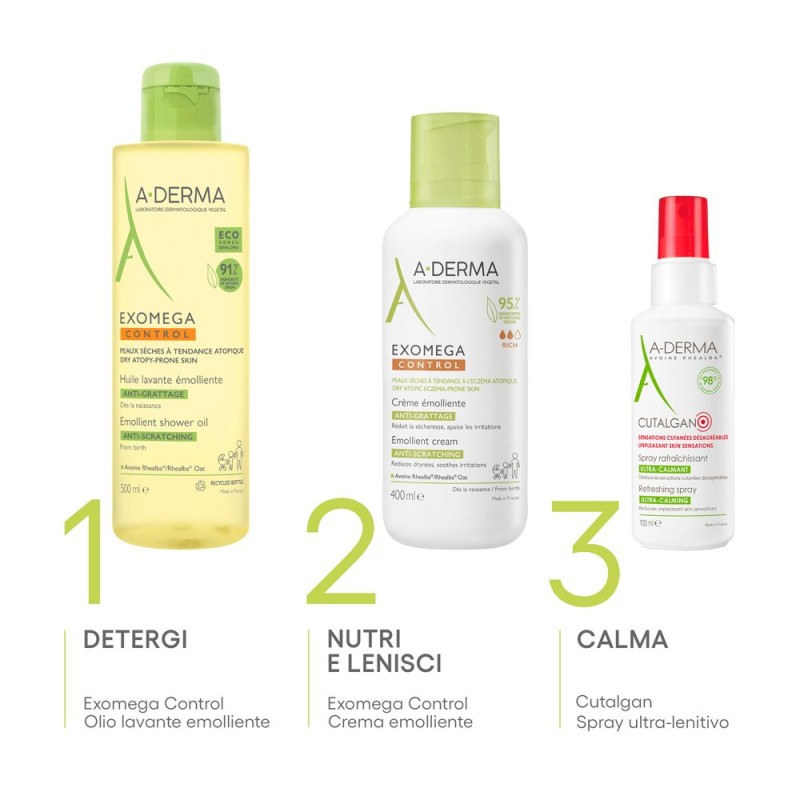 Primo piano di A-Derma Exomega Control Crema Emolliente 400ml Primo piano di A-Derma Exomega Control Crema Emolliente 400ml
