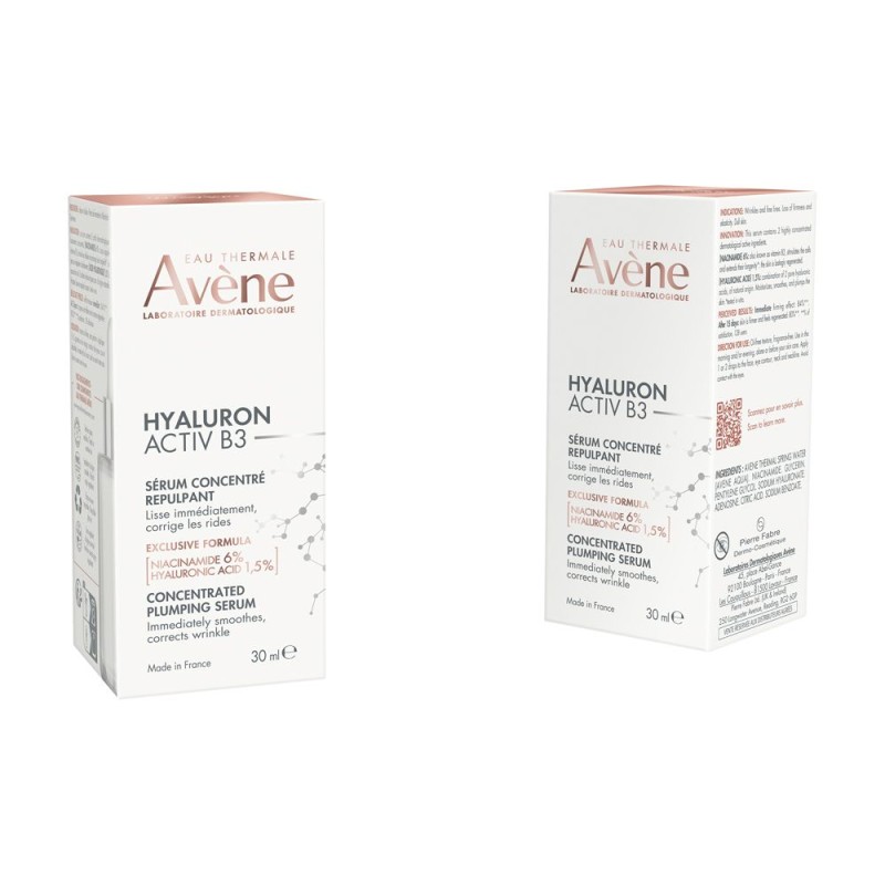 Confezione commerciale diAvene Hyaluron Activ B3 Siero Concentrato Rimpolpante 30ml