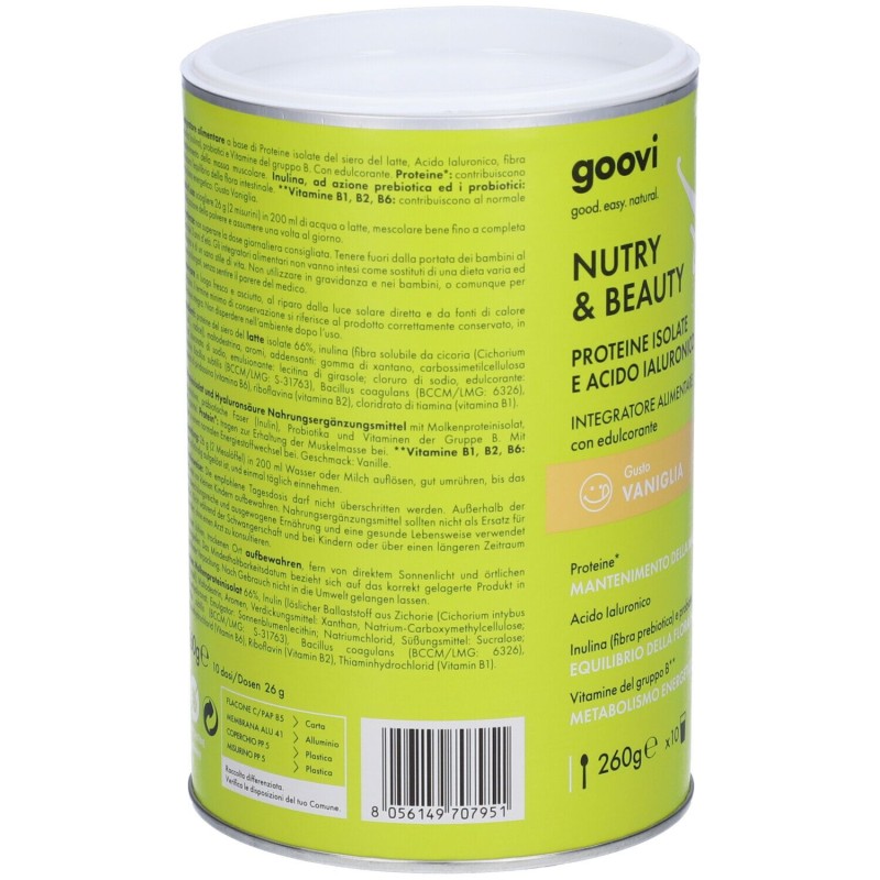 Foto illustrativa del packaging di Goovi Nutry & Beauty Integratore di Proteine Pelle e Muscoli Gusto Vaniglia Polvere 260g Foto illustrativa del packaging di Goovi Nutry & Beauty Integratore di Proteine Pelle e Muscoli Gusto Vaniglia Polvere 260g