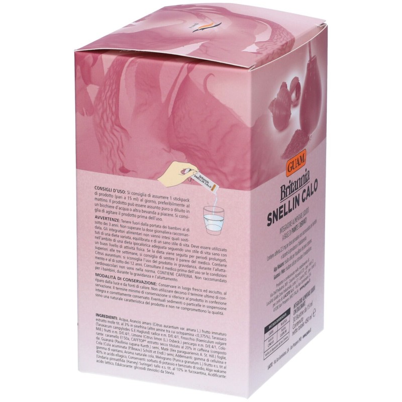 Dettaglio del packaging di Guam Britannia Snellin Calo Integratore per Controllo Peso 30 Bustine