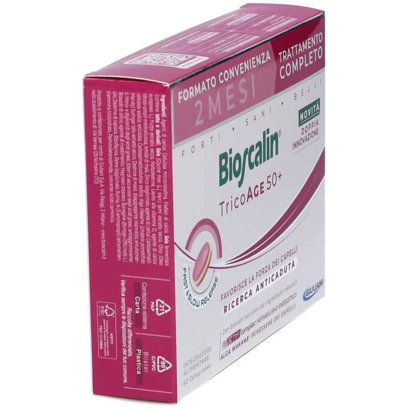Confezione commerciale diBioscalin TricoAge 50+ Integratore Anticaduta Capelli Confezione Doppia 60 Compresse Confezione commerciale diBioscalin TricoAge 50+ Integratore Anticaduta Capelli Confezione Doppia 60 Compresse