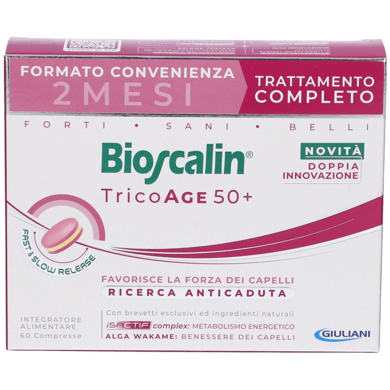 Dettaglio del packaging di Bioscalin TricoAge 50+ Integratore Anticaduta Capelli Confezione Doppia 60 Compresse Dettaglio del packaging di Bioscalin TricoAge 50+ Integratore Anticaduta Capelli Confezione Doppia 60 Compresse