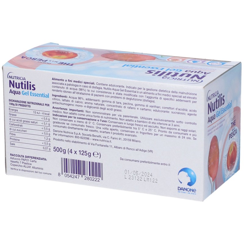 Pack ufficiale del prodotto Nutricia Nutilis Aqua Essential Acqua Gelificata Gel The Pesca 4x125g Pack ufficiale del prodotto Nutricia Nutilis Aqua Essential Acqua Gelificata Gel The Pesca 4x125g
