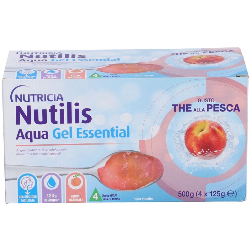 Scatola integra del prodotto Nutricia Nutilis Aqua Essential Acqua Gelificata Gel The Pesca 4x125g Scatola integra del prodotto Nutricia Nutilis Aqua Essential Acqua Gelificata Gel The Pesca 4x125g
