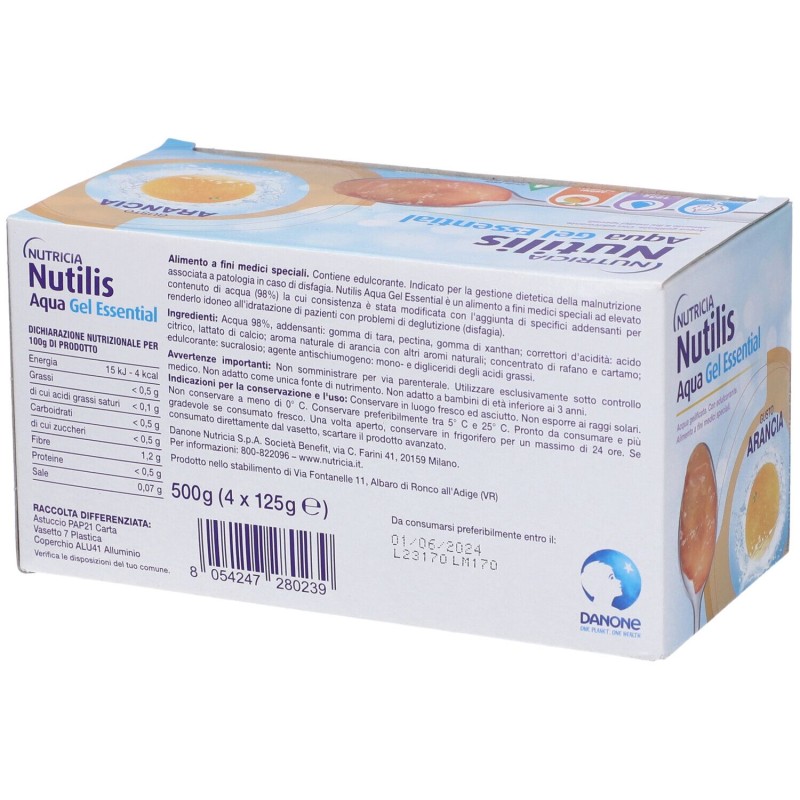 Scatola originale del prodotto Nutricia Nutilis Aqua Essential Acqua Gelificata Gel Arancia 4x125g Scatola originale del prodotto Nutricia Nutilis Aqua Essential Acqua Gelificata Gel Arancia 4x125g