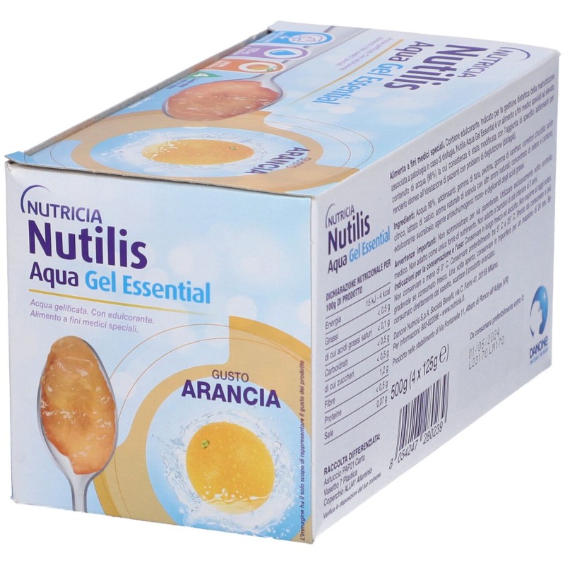 Packaging integro del prodotto Nutricia Nutilis Aqua Essential Acqua Gelificata Gel Arancia 4x125g Packaging integro del prodotto Nutricia Nutilis Aqua Essential Acqua Gelificata Gel Arancia 4x125g