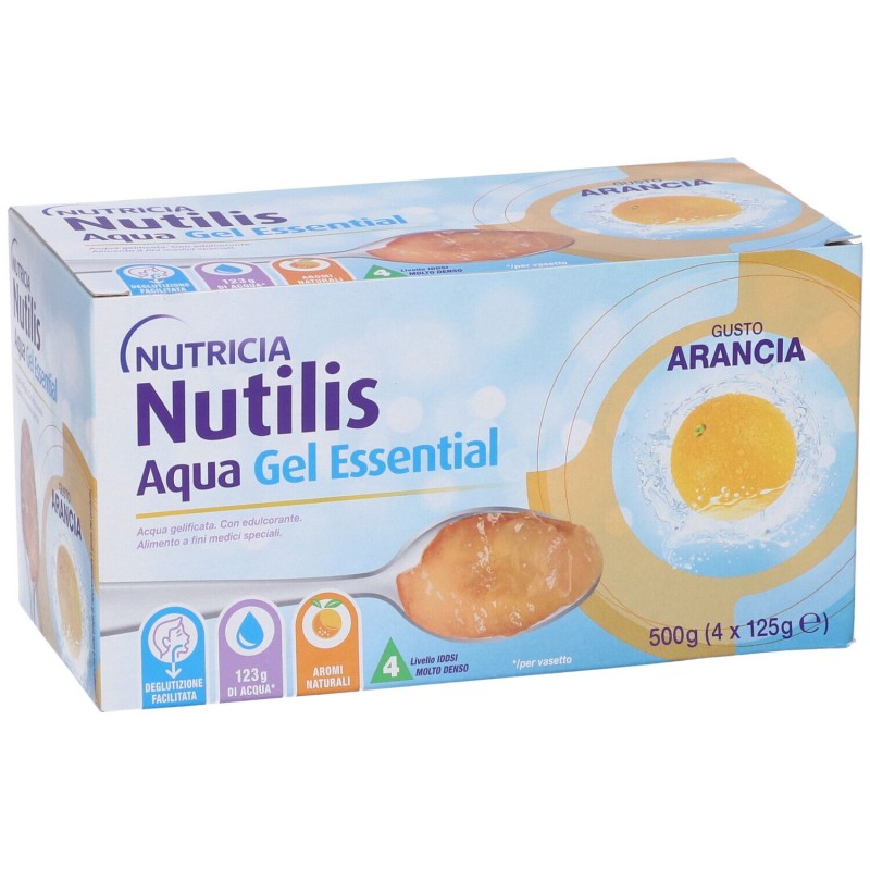 Confezione commerciale diNutricia Nutilis Aqua Essential Acqua Gelificata Gel Arancia 4x125g Confezione commerciale diNutricia Nutilis Aqua Essential Acqua Gelificata Gel Arancia 4x125g