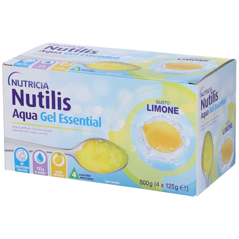 Foto illustrativa del packaging di Nutricia Nutilis Aqua Essential Acqua Gelificata Gel Limone 4x125g Foto illustrativa del packaging di Nutricia Nutilis Aqua Essential Acqua Gelificata Gel Limone 4x125g