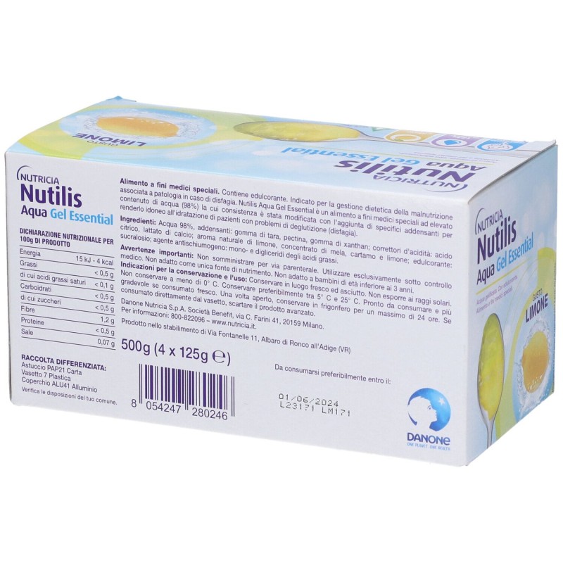 Dettaglio del packaging di Nutricia Nutilis Aqua Essential Acqua Gelificata Gel Limone 4x125g Dettaglio del packaging di Nutricia Nutilis Aqua Essential Acqua Gelificata Gel Limone 4x125g