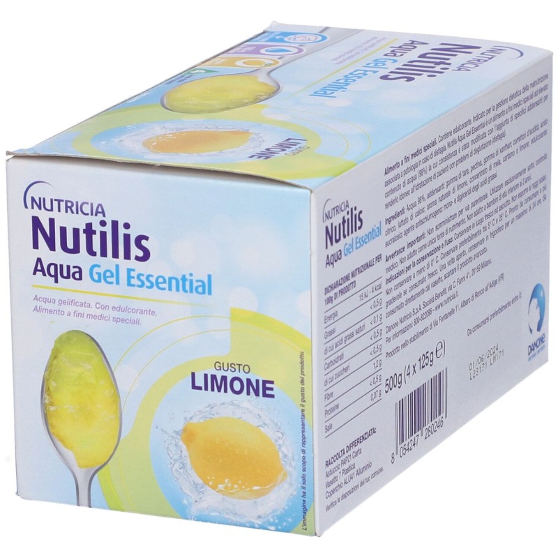 Primo piano di Nutricia Nutilis Aqua Essential Acqua Gelificata Gel Limone 4x125g Primo piano di Nutricia Nutilis Aqua Essential Acqua Gelificata Gel Limone 4x125g