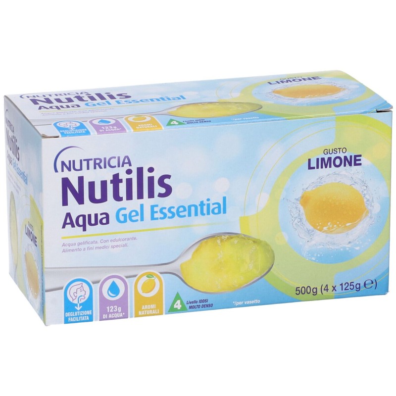 Presentazione grafica di Nutricia Nutilis Aqua Essential Acqua Gelificata Gel Limone 4x125g Presentazione grafica di Nutricia Nutilis Aqua Essential Acqua Gelificata Gel Limone 4x125g