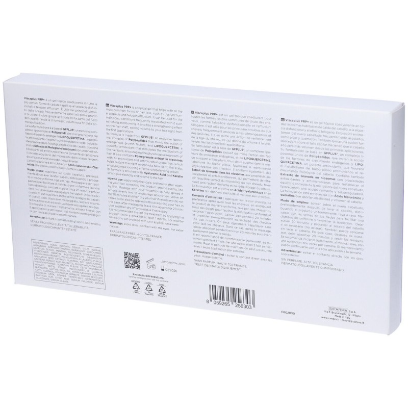 Foto ravvicinata di Viscaplus PRP+ per Caduta dei Capelli Confezione da 6 Tubi da 12 ml ciascuno