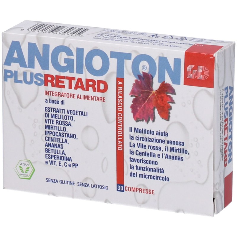 Dettaglio del packaging di Angioton Plus Retard Integratore per Gambe 30 Compresse