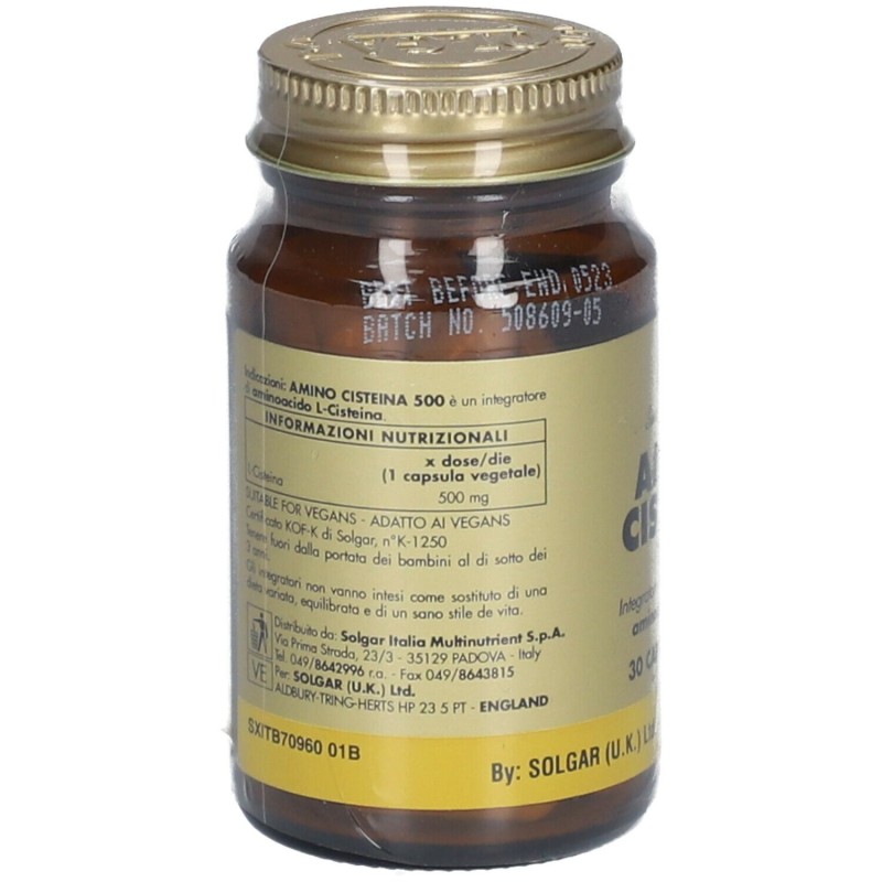 Vista del prodotto Solgar Amino Cisteina 500 Integratore per Capelli e Unghie 30 Capsule Vegetali Vista del prodotto Solgar Amino Cisteina 500 Integratore per Capelli e Unghie 30 Capsule Vegetali