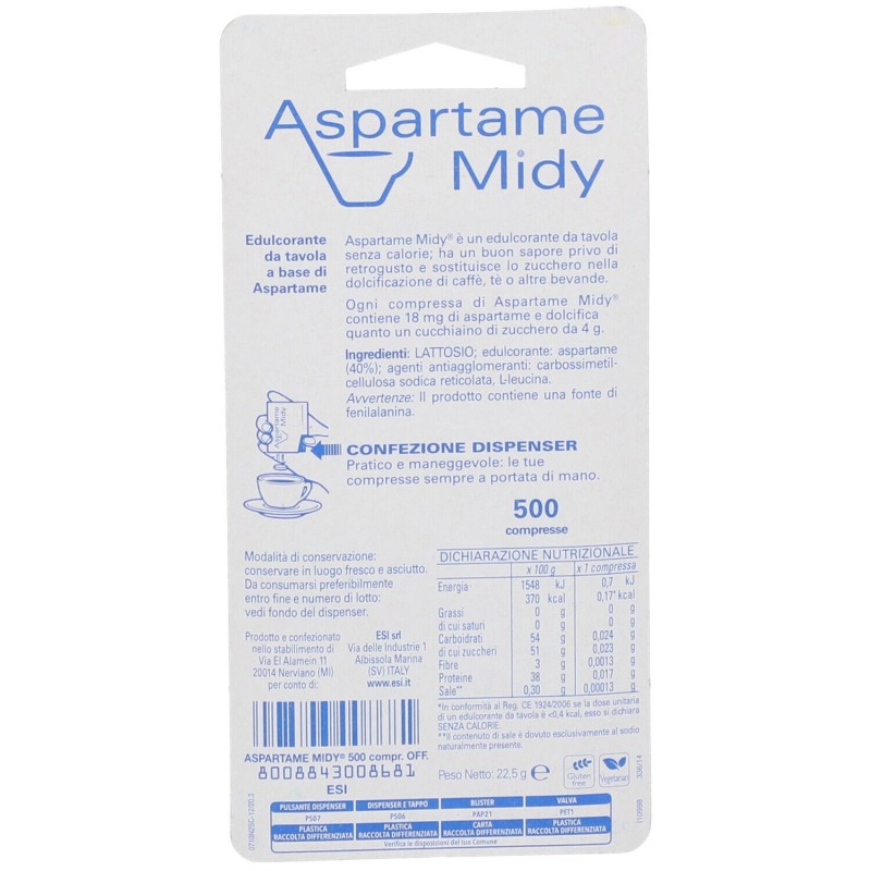Packaging del prodotto Esi Aspartame Midy Dolcificante 500 Compresse Packaging del prodotto Esi Aspartame Midy Dolcificante 500 Compresse