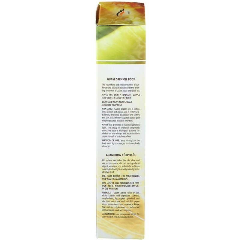 Dettaglio del packaging di Guam Dren Olio Corpo Anticellulite Drenante 200 ml Dettaglio del packaging di Guam Dren Olio Corpo Anticellulite Drenante 200 ml