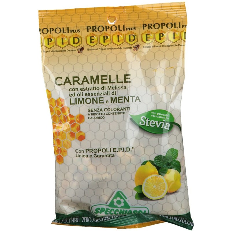 Dettaglio del packaging di Specchiasol Epid Caramelle Gola Melissa, Limone e Menta 24 pezzi Dettaglio del packaging di Specchiasol Epid Caramelle Gola Melissa, Limone e Menta 24 pezzi