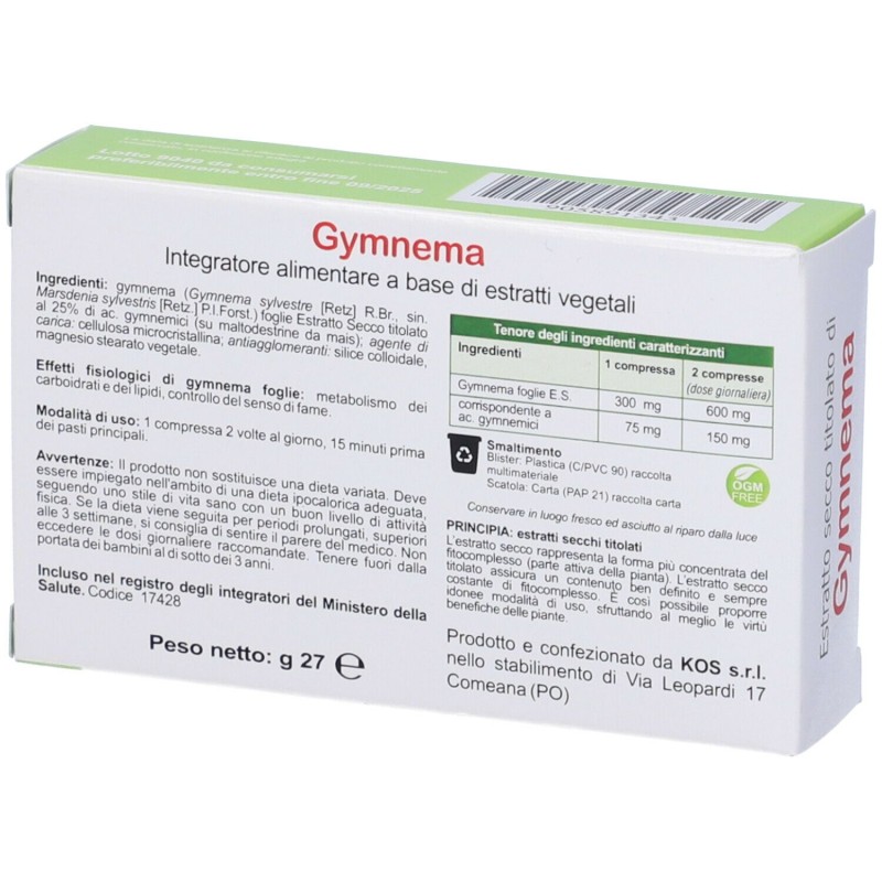 Dettaglio del packaging di Kos Gymnema Integratore per Metabolismo e Controllo della Fame 60 Compresse Dettaglio del packaging di Kos Gymnema Integratore per Metabolismo e Controllo della Fame 60 Compresse