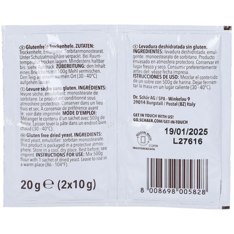 Scatola originale del prodotto Schar Lievito Secco Senza Glutine 2 Bustine Da 10g Scatola originale del prodotto Schar Lievito Secco Senza Glutine 2 Bustine Da 10g