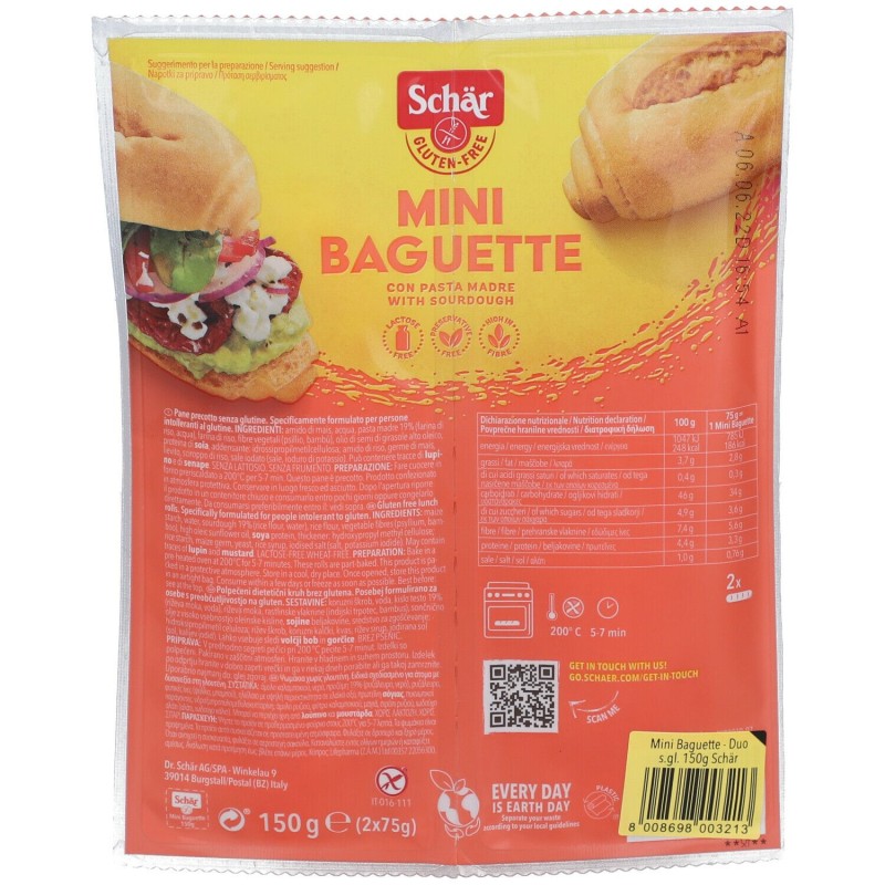 Primo piano di Schar Duo Mini-Baguette Senza Glutine 150g (2x75g) Primo piano di Schar Duo Mini-Baguette Senza Glutine 150g (2x75g)