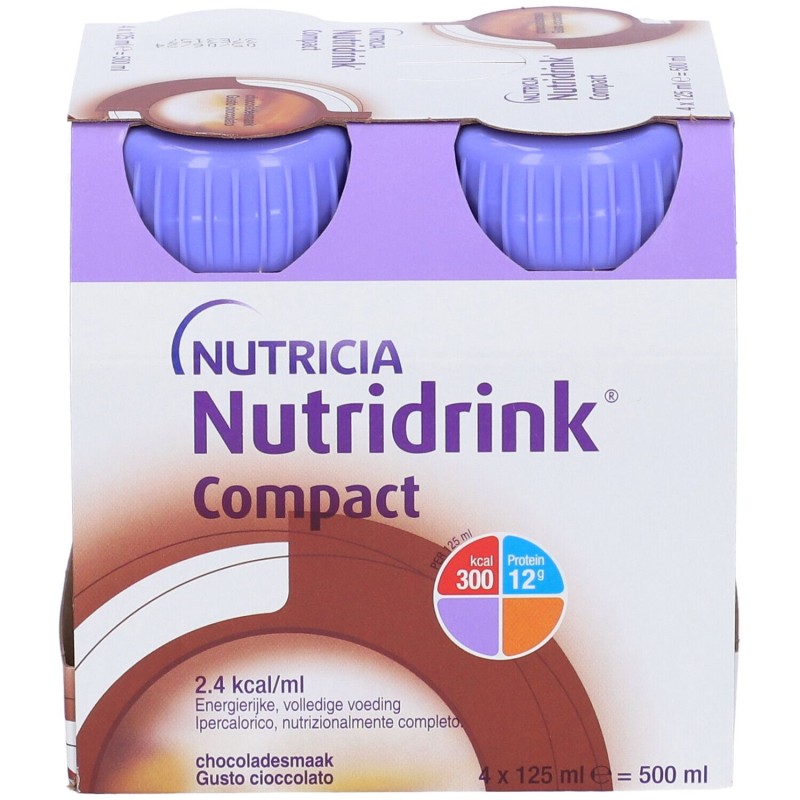 Foto illustrativa del packaging di Nutricia Nutridrink Compact Cioccolato Integratore Energetico 4X125ml Foto illustrativa del packaging di Nutricia Nutridrink Compact Cioccolato Integratore Energetico 4X125ml