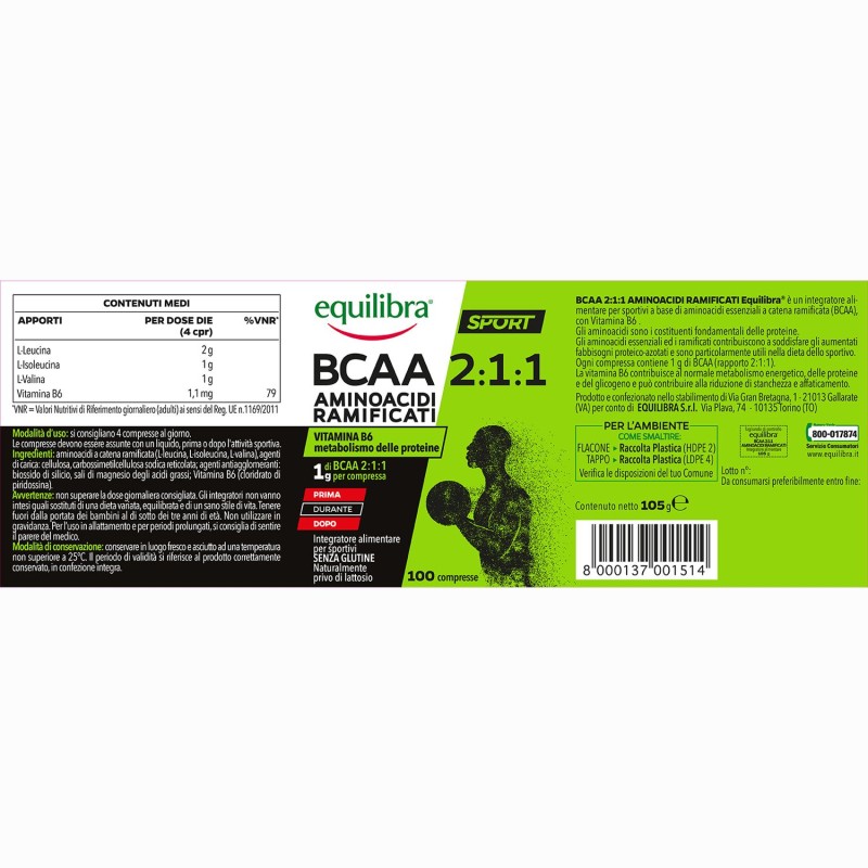 Confezione commerciale diEquilibra BCAA 11 Integratore Aminoacidi 100 Compresse Confezione commerciale diEquilibra BCAA 11 Integratore Aminoacidi 100 Compresse