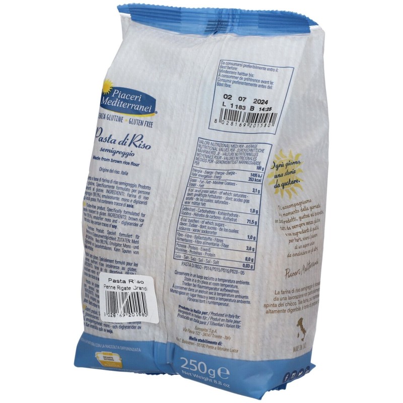 Pack ufficiale del prodotto Piaceri Mediterranei Pasta di Riso Penne Rigate Senza Glutine 250gr Pack ufficiale del prodotto Piaceri Mediterranei Pasta di Riso Penne Rigate Senza Glutine 250gr